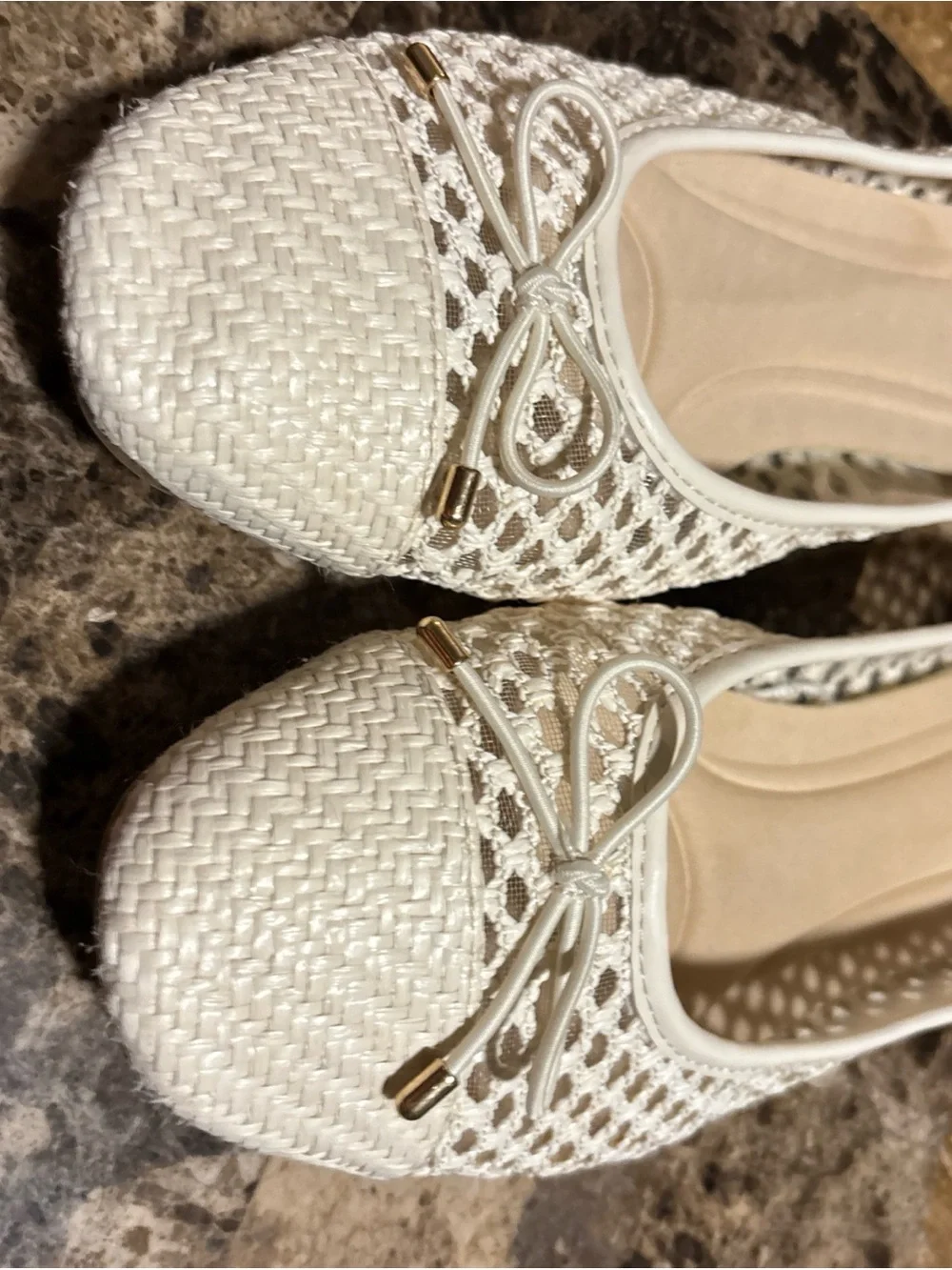 pop Cream Woven Crochet Ballet Flats with Bow Accent